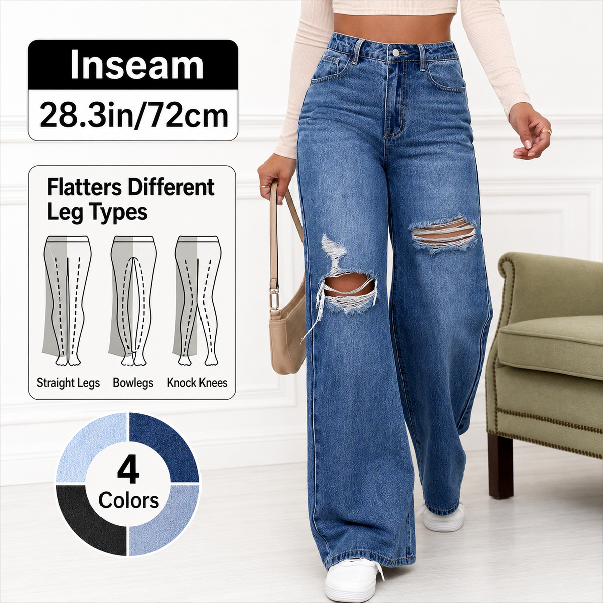 Women's High Rise Ripped Wide Leg Jeans