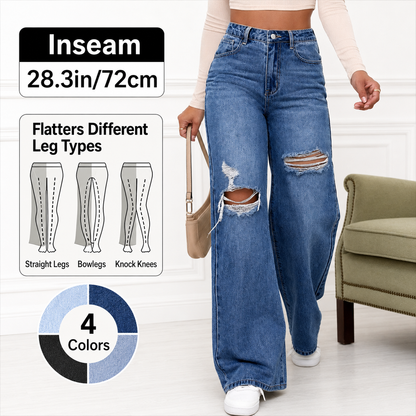 Women's High Rise Ripped Wide Leg Jeans