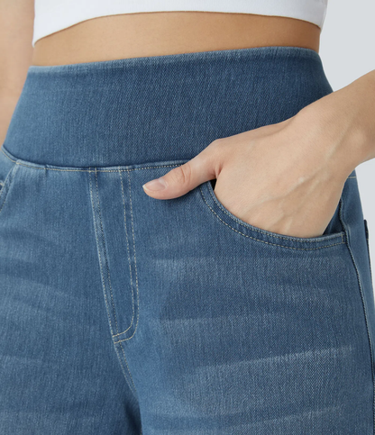💝Last Day Promotion⚡High Waisted Multiple Pockets Baggy Wide Leg Washed Stretchy Knit Casual Jeans