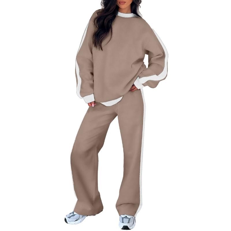 Women's 2-Piece Thermal Fleece Blend Gym Set - Crewneck Drop Shoulder Sweatshirt