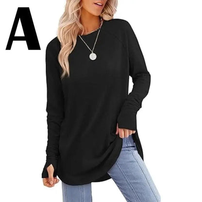 Women's Casual Long Sleeve Tops Crew Neck Round Hem Loose T-Shirts Tunic Tops with Thumb Holes