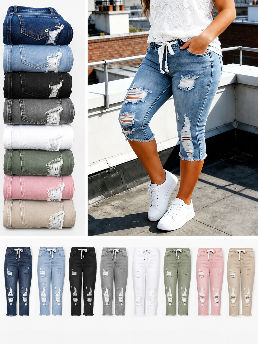 Fashion Distressed Ripped Capri Jeans Plus Size Casual High-Waisted Drawstring Waist Denim Cropped Pants