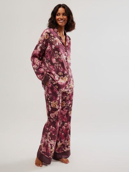 Women's Fall Loungewear Set：Stripe/Plaid/Stripe Print Long Sleeve Lapel Button Tops Long Pants Fall