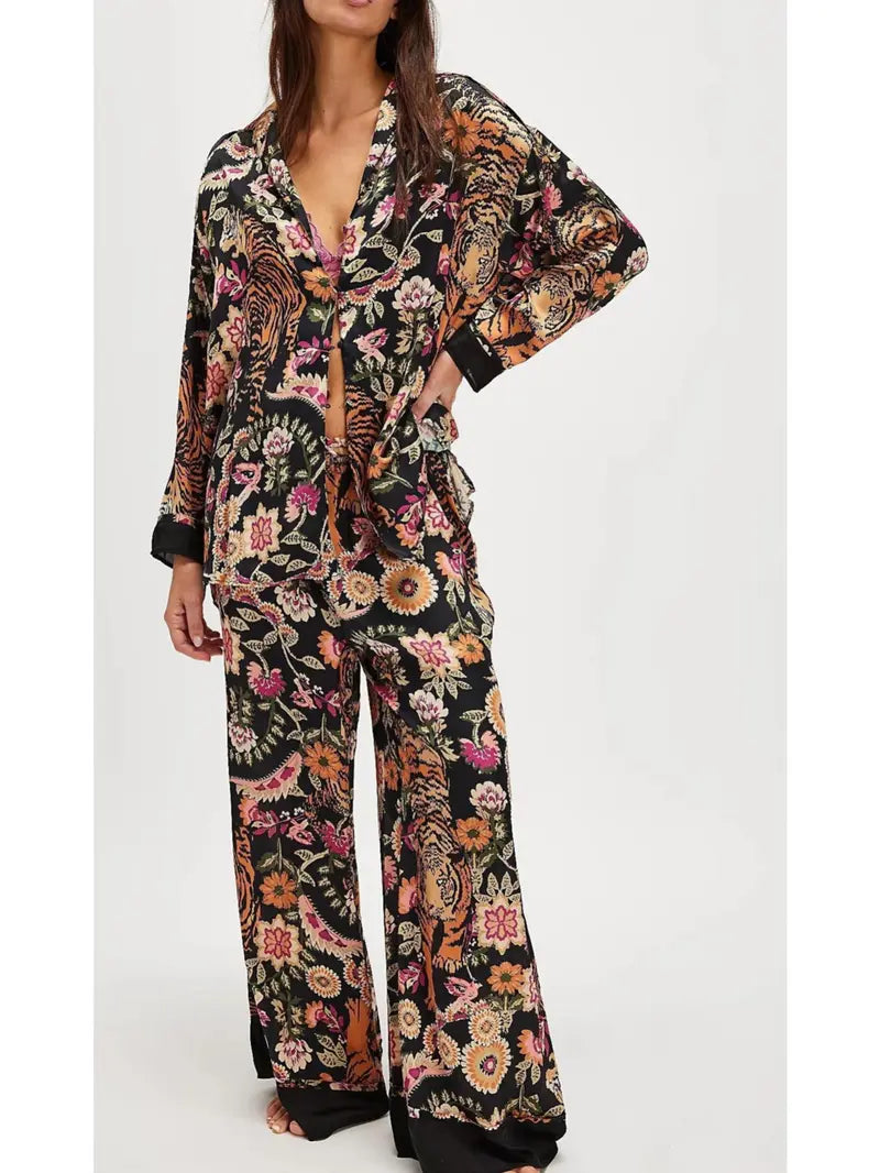 Women's Fall Loungewear Set：Stripe/Plaid/Stripe Print Long Sleeve Lapel Button Tops Long Pants Fall