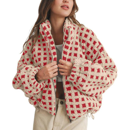 Women Winter Fleece Jacket Plaid Fleece Warm Coat Long-sleeve Zippered Sherpa Jacket with Pockets