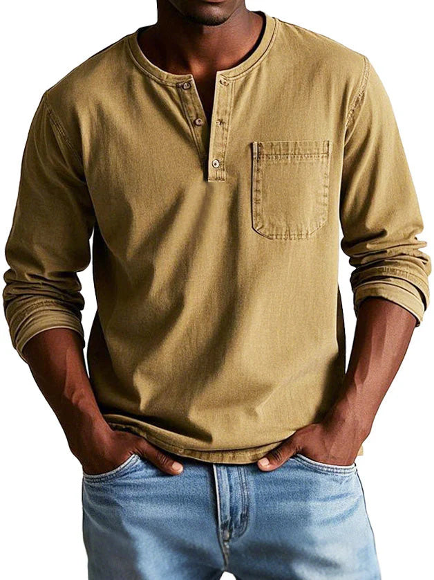 💫Clearance Sale🔥Men's Fashion Vintage Distressed Pocket Long Sleeve Henley Shirt