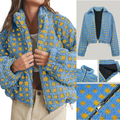 Women Winter Fleece Jacket Plaid Fleece Warm Coat Long-sleeve Zippered Sherpa Jacket with Pockets