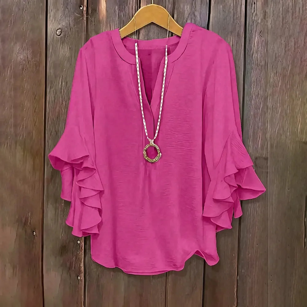 Plus Size Ruffle Sleeve V-Neck Blouse – Flowy, Flattering & Comfortable Everyday Top
