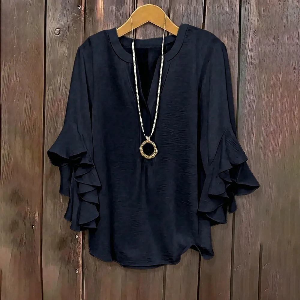Plus Size Ruffle Sleeve V-Neck Blouse – Flowy, Flattering & Comfortable Everyday Top