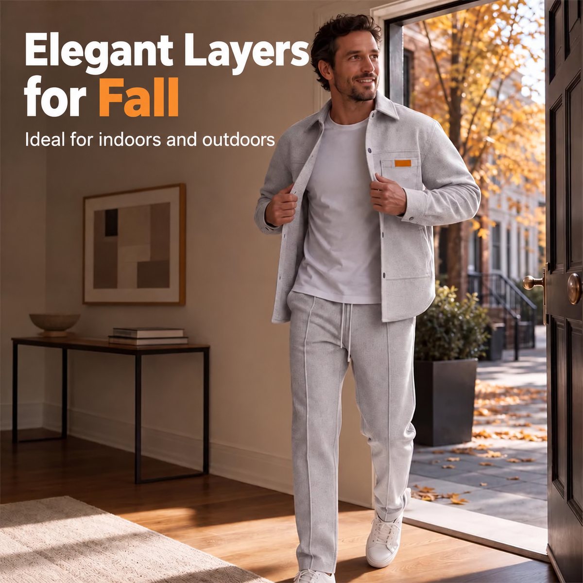 Men's two-piece casual set: waffle knit jacket and trousers