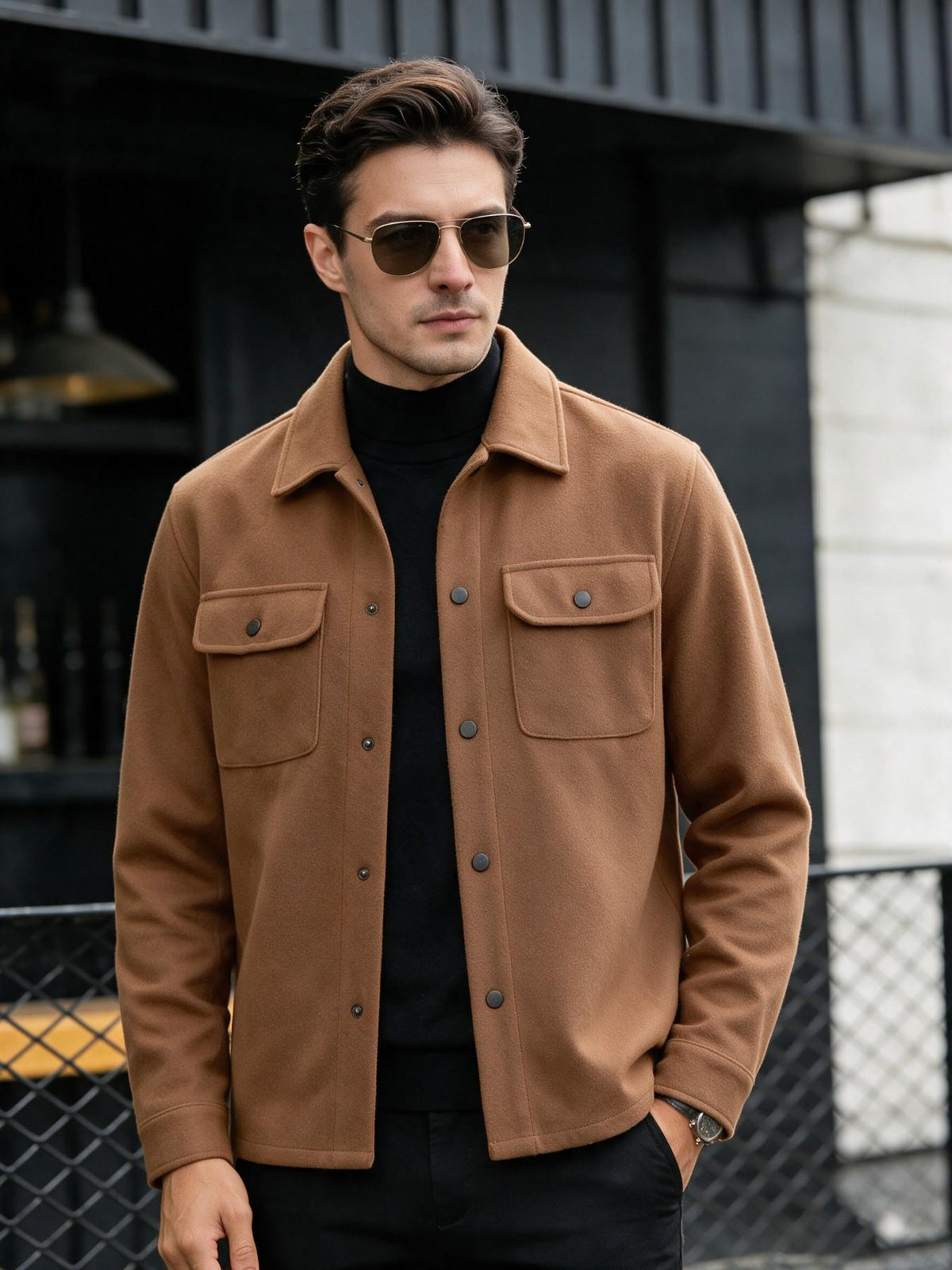 Men's Button Front Pocket Jacket, Casual Collared Long Sleeve Outerwear for Fall & Winter