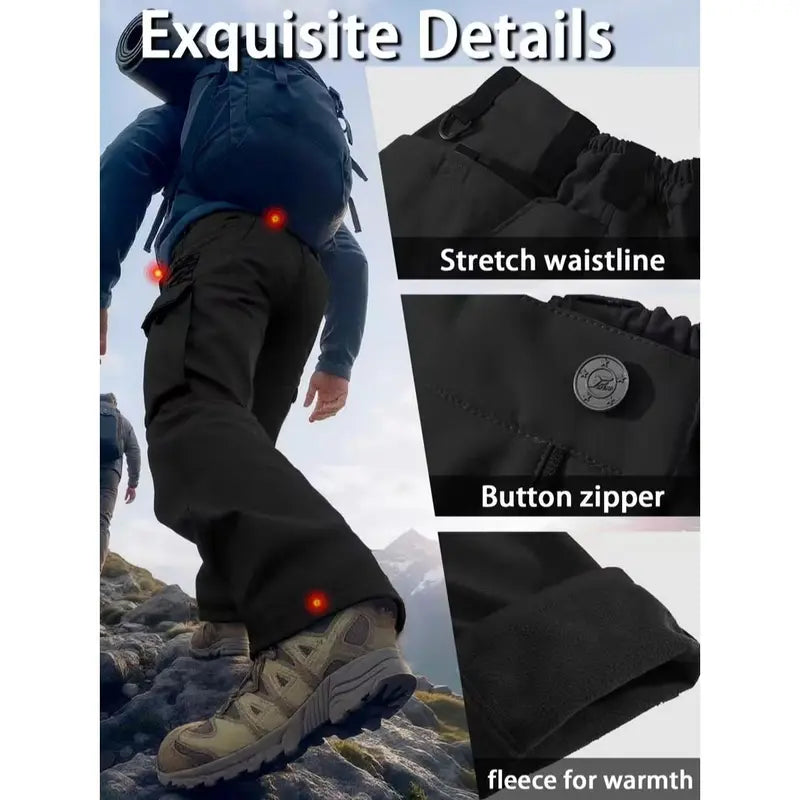 Men's Fleece Lined Work Pants, Warm Windproof Tactical Cargo Pants with Multi-Pockets