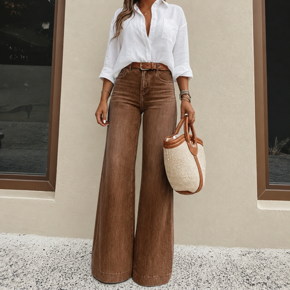 Women’s High-Waisted Wide Leg Jeans – Vintage Wash Stretch Denim Pants