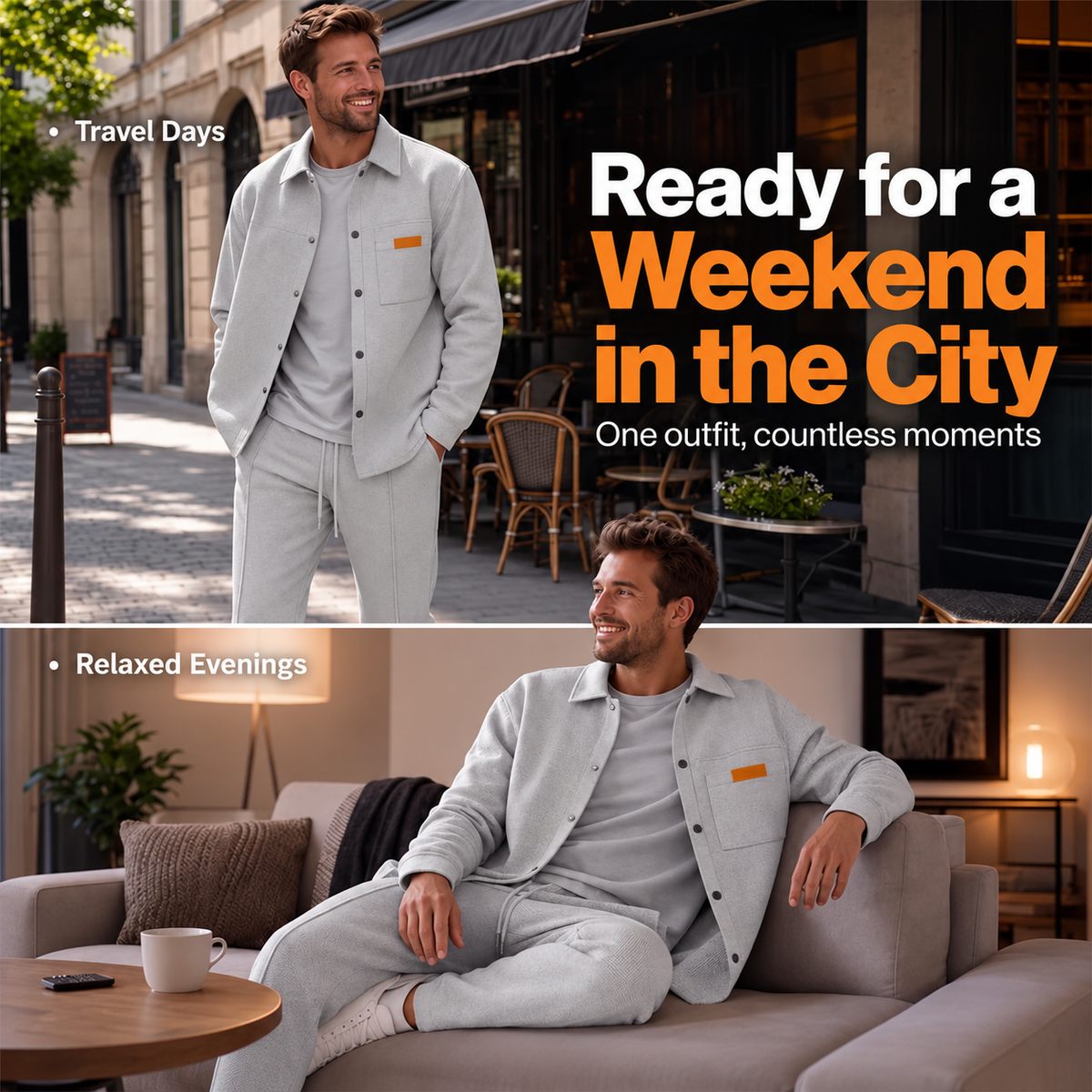 Men's two-piece casual set: waffle knit jacket and trousers