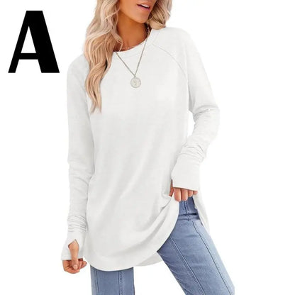 Women's Casual Long Sleeve Tops Crew Neck Round Hem Loose T-Shirts Tunic Tops with Thumb Holes