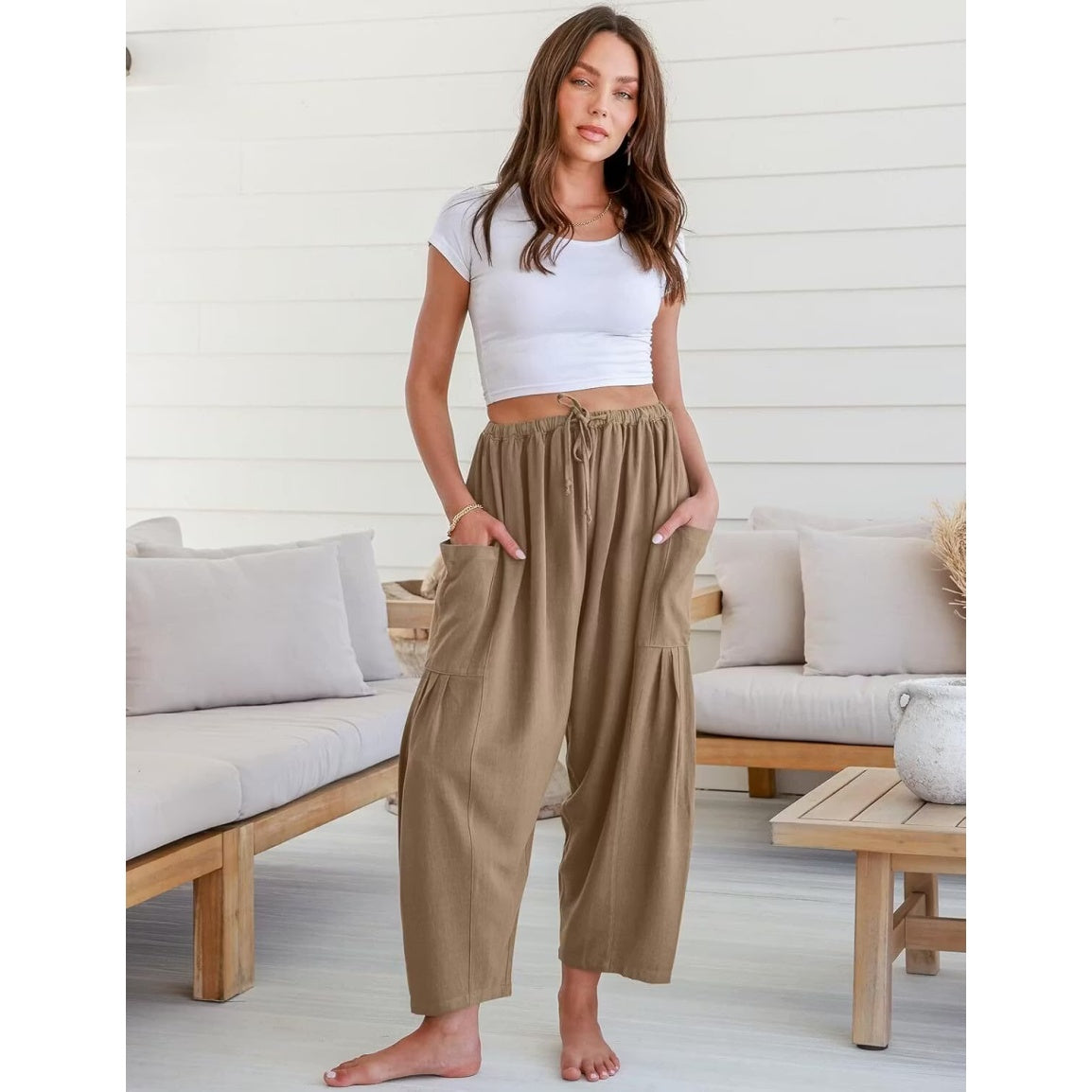 Womens Linen Wide Leg Pants Casual Loose Drawstring Low Waist Beach Palazzo Harem Pants with Pockets