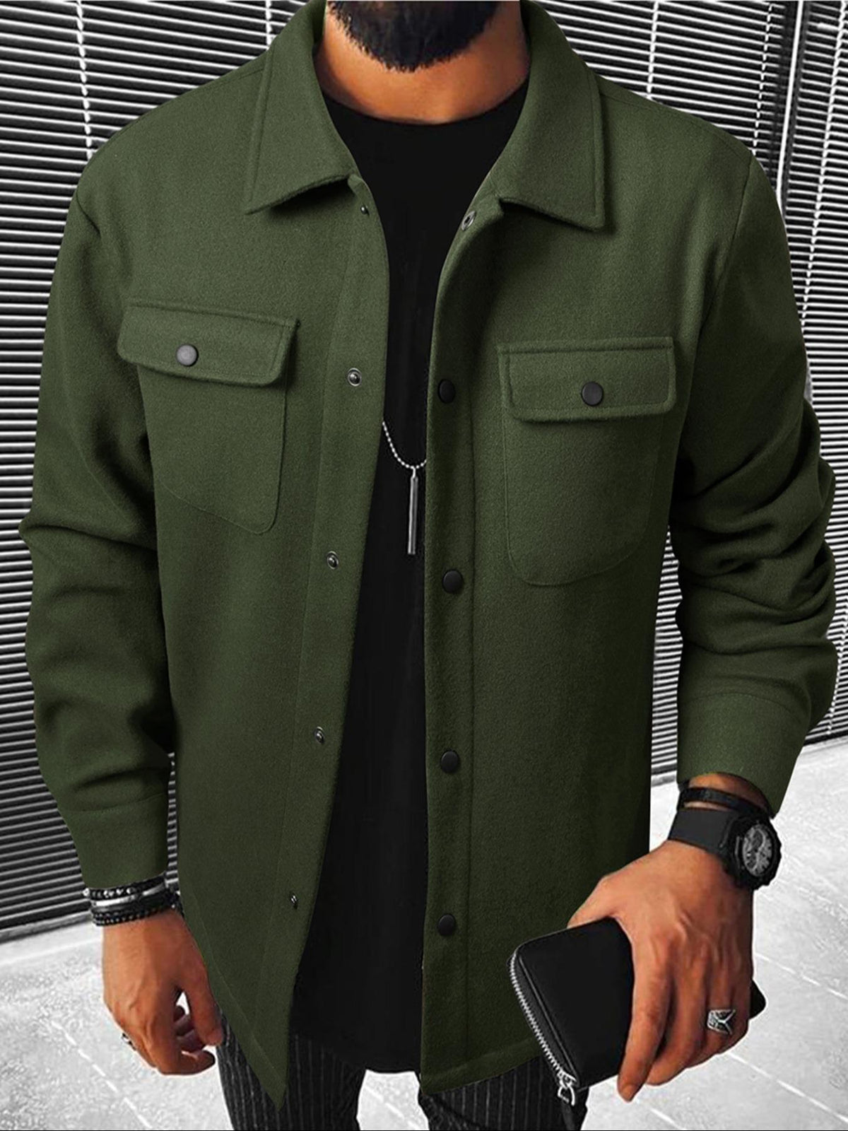 Men's Button Front Pocket Jacket, Casual Collared Long Sleeve Outerwear for Fall & Winter