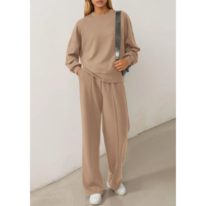 Women's Cozy Round Neck Top & Wide Leg Trousers Two Piece Outfits