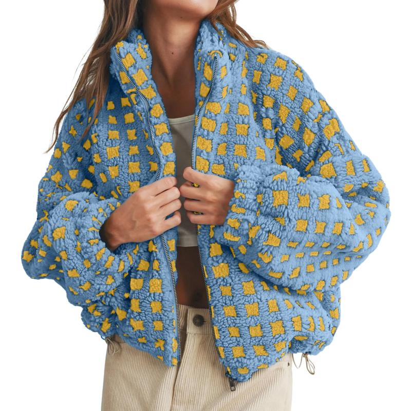 Women Winter Fleece Jacket Plaid Fleece Warm Coat Long-sleeve Zippered Sherpa Jacket with Pockets