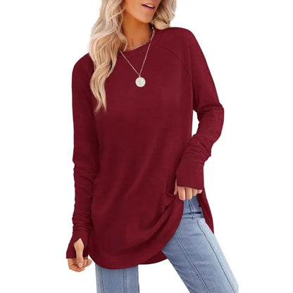 Women's Casual Long Sleeve Tops Crew Neck Round Hem Loose T-Shirts Tunic Tops with Thumb Holes