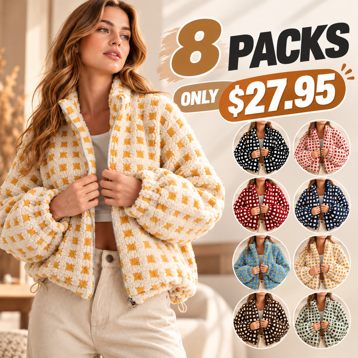 Women Winter Fleece Jacket Plaid Fleece Warm Coat Long-sleeve Zippered Sherpa Jacket with Pockets