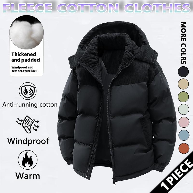 Men's Winter Coat Hooded Fleece Lined Color Block Jacket，Removable Hood, Windproof Padding