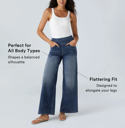 💝Last Day Promotion⚡High Waisted Multiple Pockets Baggy Wide Leg Washed Stretchy Knit Casual Jeans