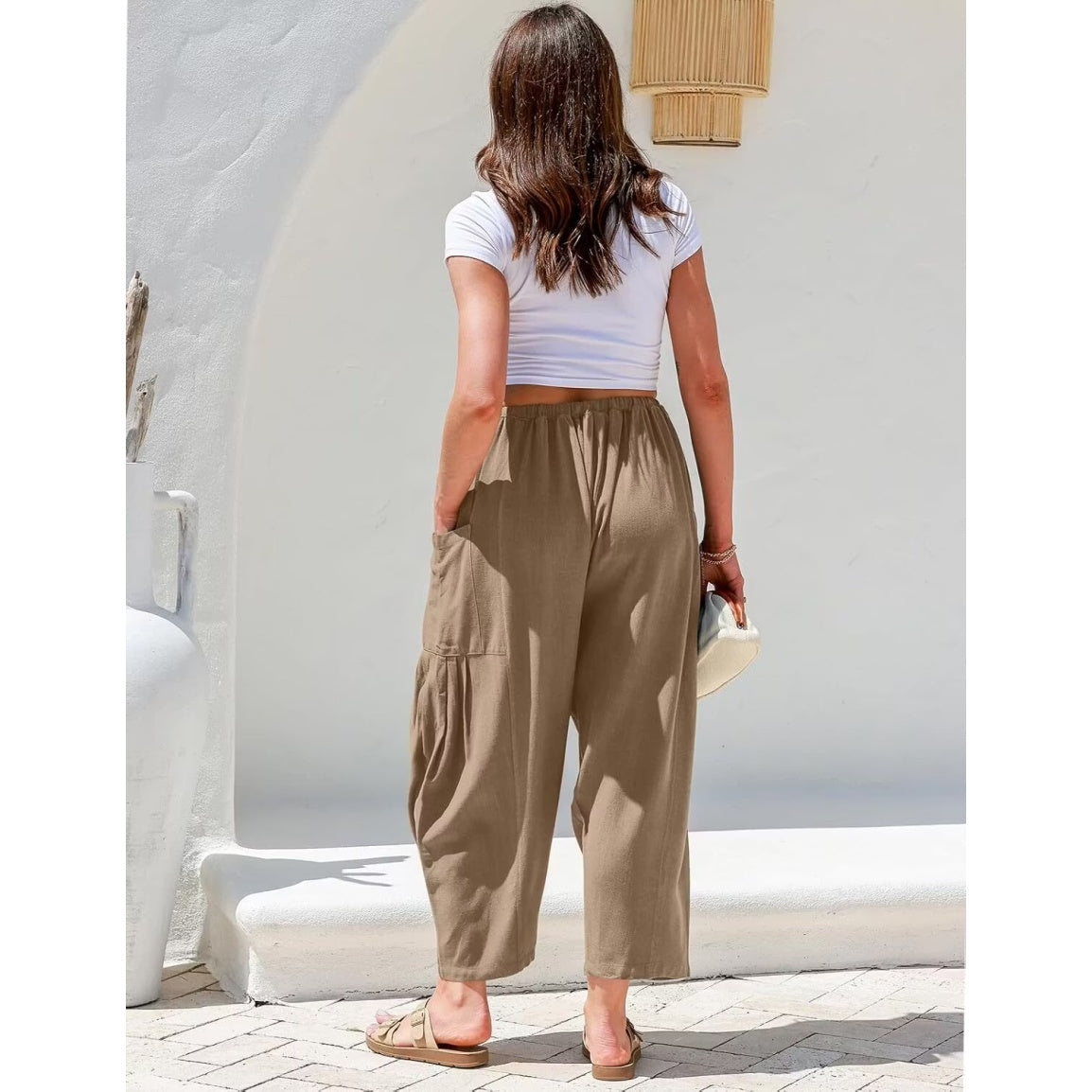 Womens Linen Wide Leg Pants Casual Loose Drawstring Low Waist Beach Palazzo Harem Pants with Pockets