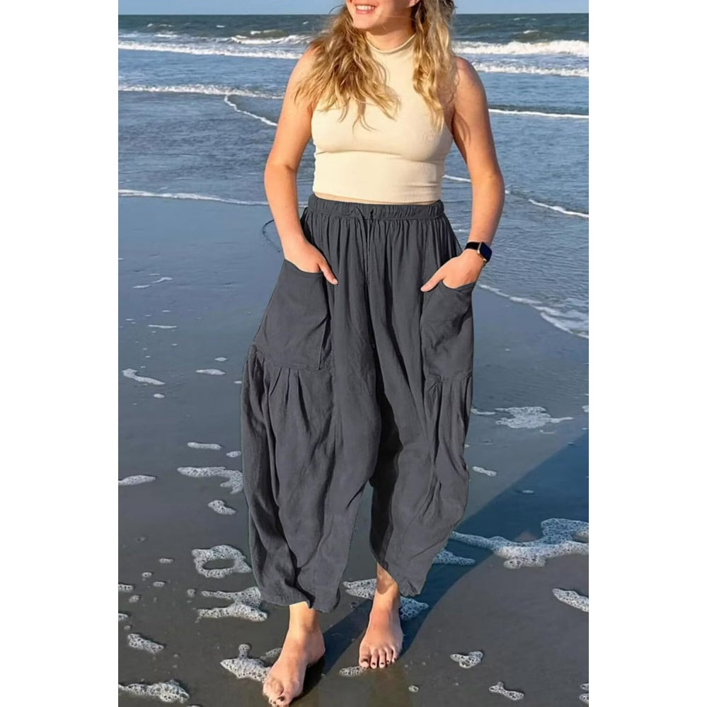 Womens Linen Wide Leg Pants Casual Loose Drawstring Low Waist Beach Palazzo Harem Pants with Pockets