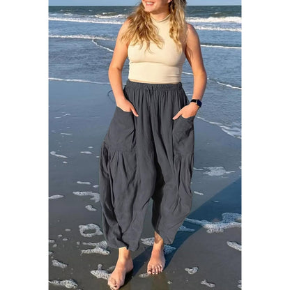 Womens Linen Wide Leg Pants Casual Loose Drawstring Low Waist Beach Palazzo Harem Pants with Pockets