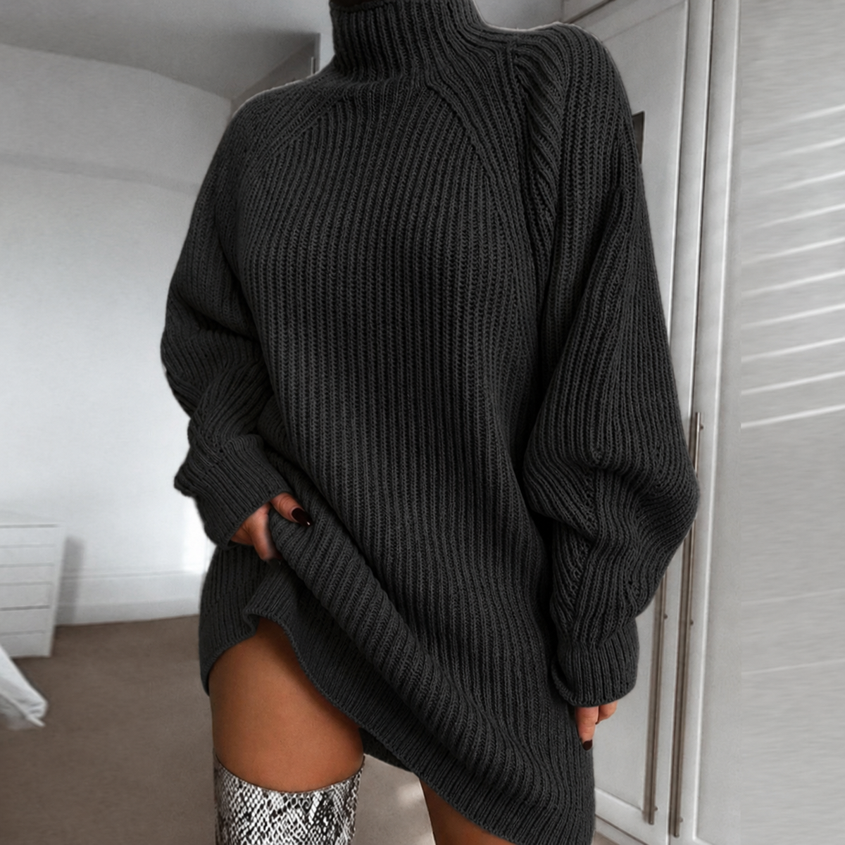 Cozy High Neck, Flattering Relaxed Drape | Women's Knit Sweater Dress