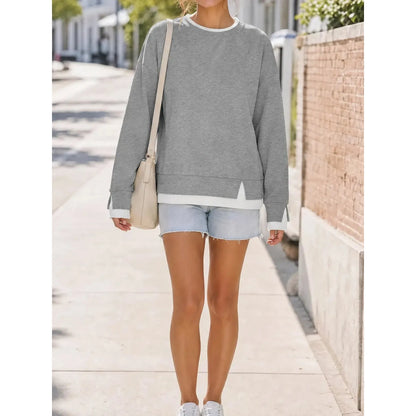 Women Crew Neck Fake Two Piece Striped Patchwork Drop Shoulder Oversized Sweatshirt