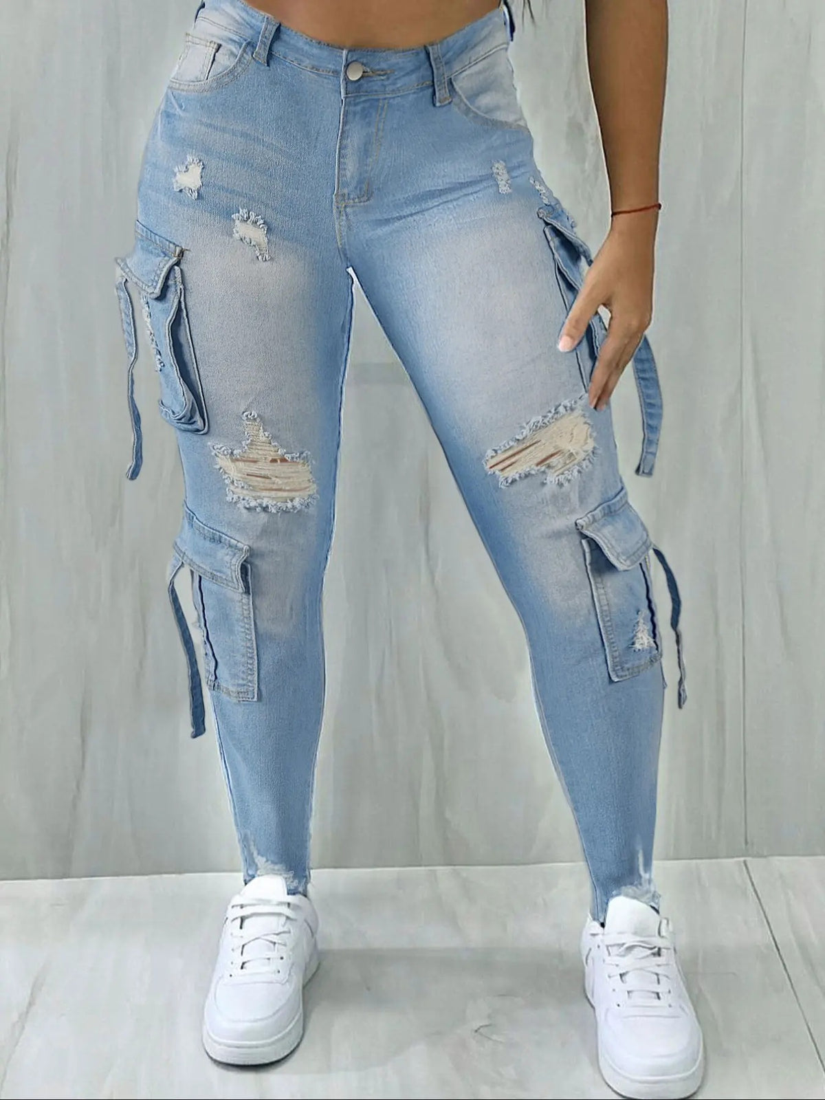 Y2K Womenswear Streetwear Multi-pocket Cropped Work Stretchy Skinny Cargo Denim Jeans Pants