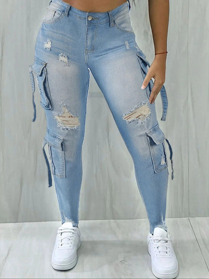 Y2K Womenswear Streetwear Multi-pocket Cropped Work Stretchy Skinny Cargo Denim Jeans Pants