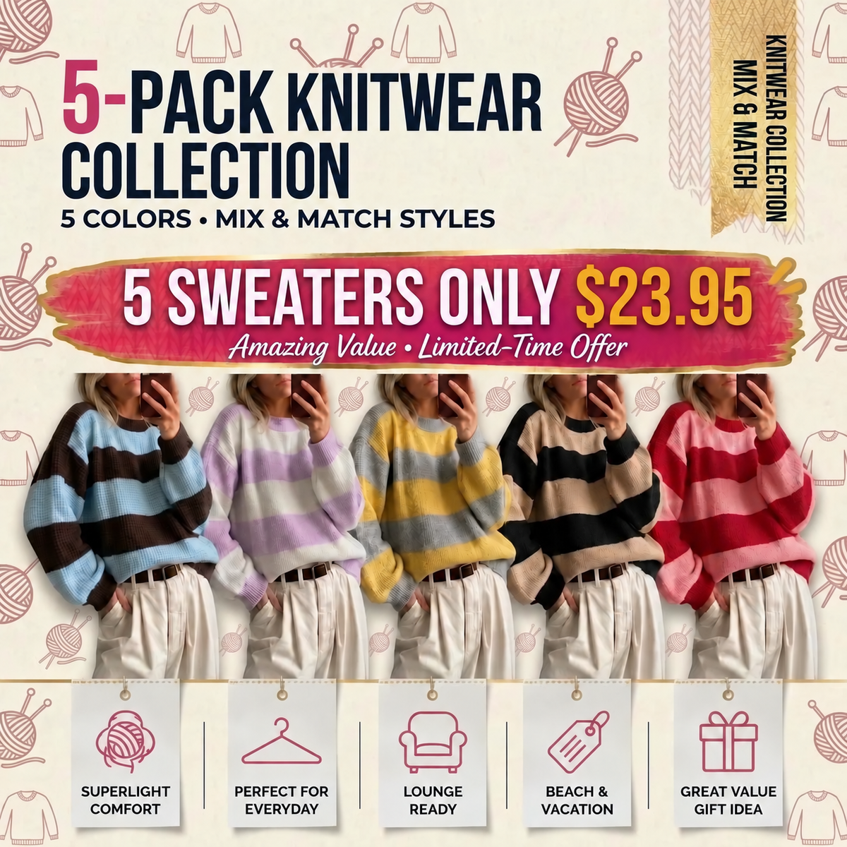 Retro Color Block Stripe Sweater, Oversized Knit Top