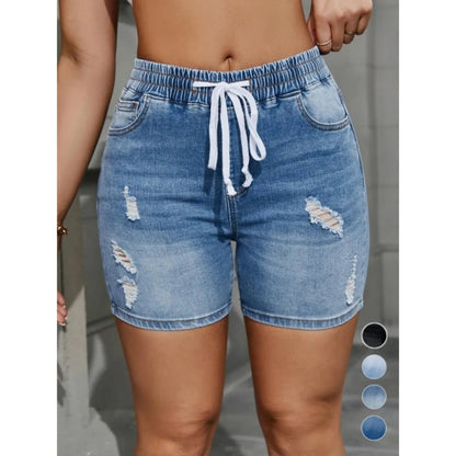 ⭐  Women's High Waisted Drawstring Ripped Denim Shorts with Pockets