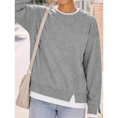 Women Crew Neck Fake Two Piece Striped Patchwork Drop Shoulder Oversized Sweatshirt