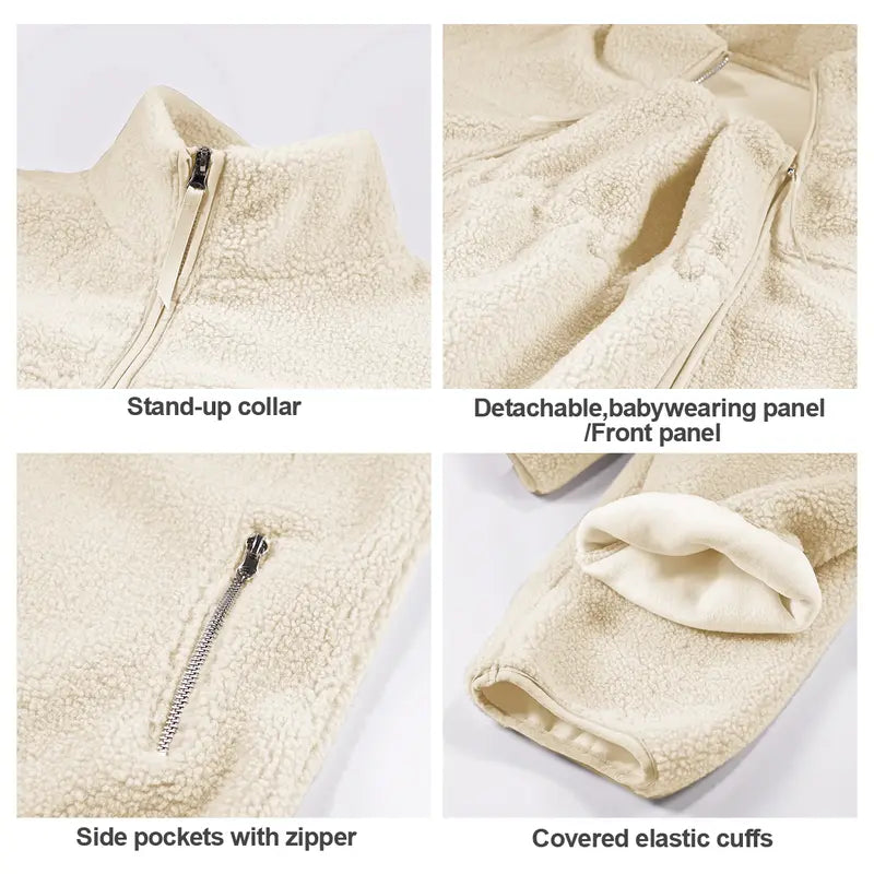 Women's 2-in-1 Hip-Length Casual Sports Outerwear Coat, Soft Teddy Fleece Long-Sleeve Zippered Top with Pocket