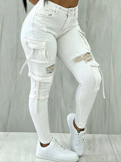 Y2K Womenswear Streetwear Multi-pocket Cropped Work Stretchy Skinny Cargo Denim Jeans Pants