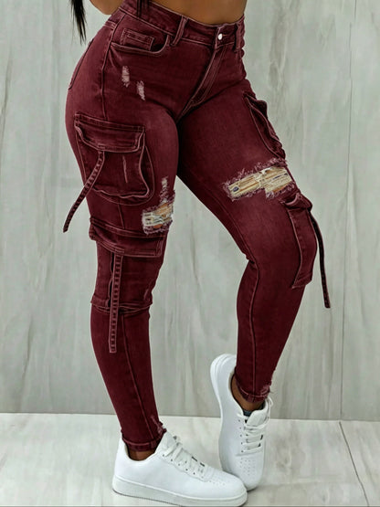 Y2K Womenswear Streetwear Multi-pocket Cropped Work Stretchy Skinny Cargo Denim Jeans Pants