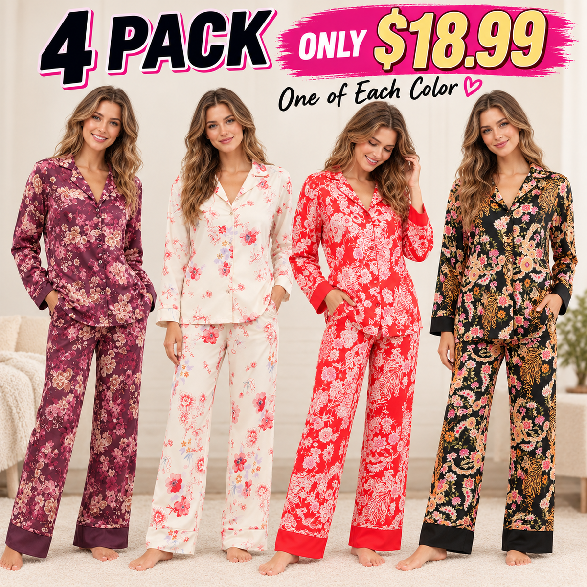 Women's Fall Loungewear Set：Stripe/Plaid/Stripe Print Long Sleeve Lapel Button Tops Long Pants Fall