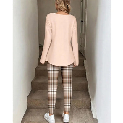 Women's 2-Piece Lounge Set – Long Sleeve Top & Plaid Leggings