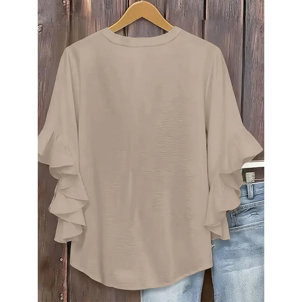 Plus Size Ruffle Sleeve V-Neck Blouse – Flowy, Flattering & Comfortable Everyday Top
