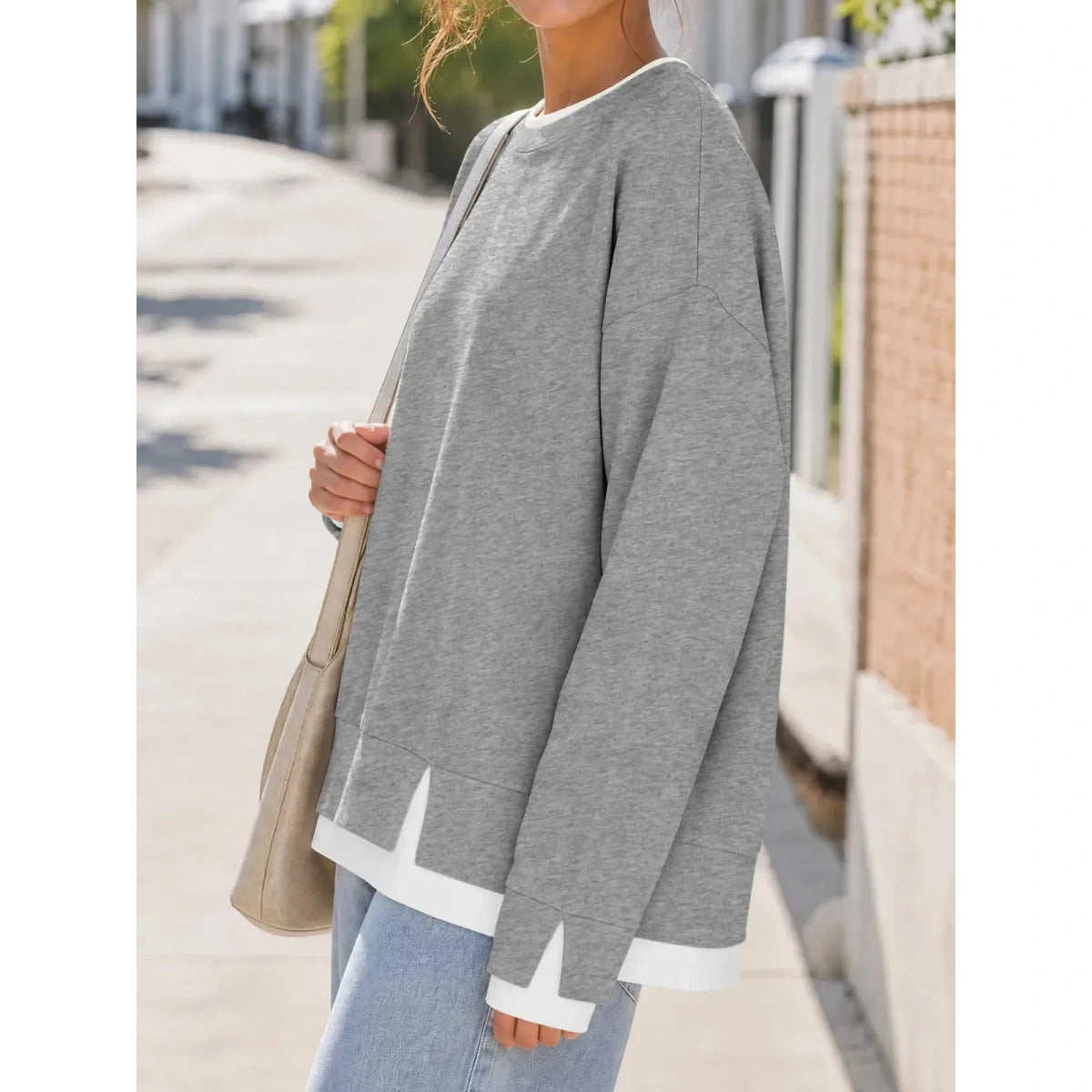 Women Crew Neck Fake Two Piece Striped Patchwork Drop Shoulder Oversized Sweatshirt