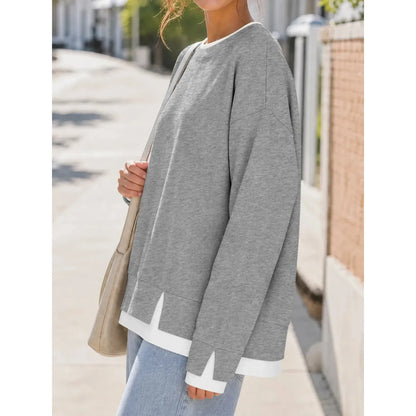 Women Crew Neck Fake Two Piece Striped Patchwork Drop Shoulder Oversized Sweatshirt