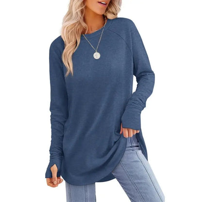 Women's Casual Long Sleeve Tops Crew Neck Round Hem Loose T-Shirts Tunic Tops with Thumb Holes