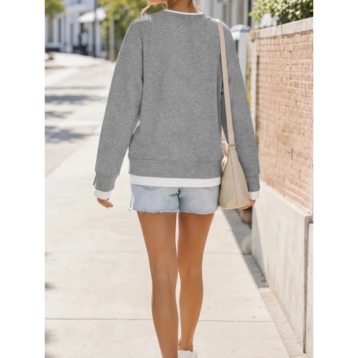 Women Crew Neck Fake Two Piece Striped Patchwork Drop Shoulder Oversized Sweatshirt