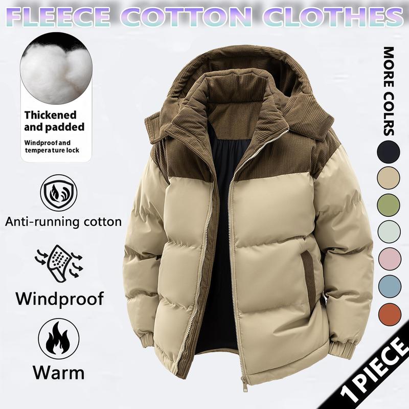 Men's Winter Coat Hooded Fleece Lined Color Block Jacket，Removable Hood, Windproof Padding