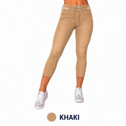 Wash Contrast Binding Double Button Drawstring Mid Waist High Stretch Fit Capri Jeans  Pant