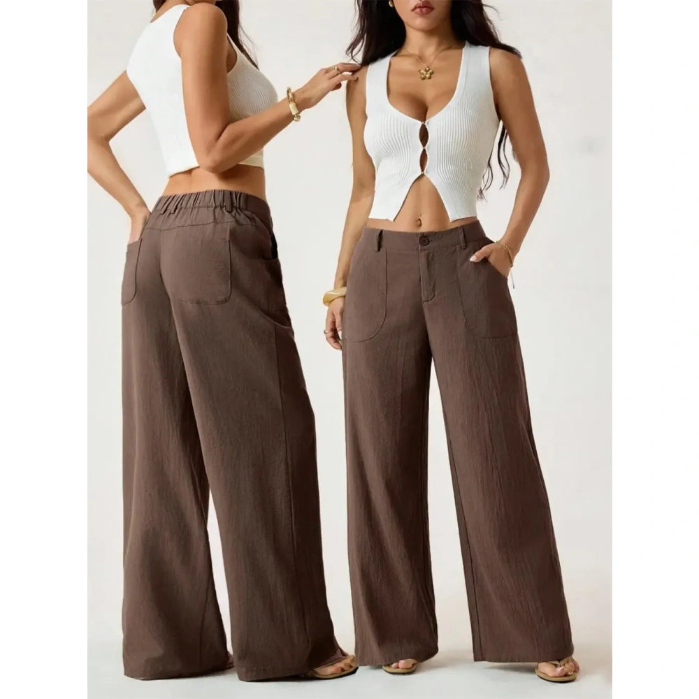 High Waist Wide Leg Beach Trousers With Pocket